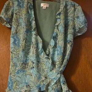 LOFT Blue-Green Floral Ruffle Wrap Blouse